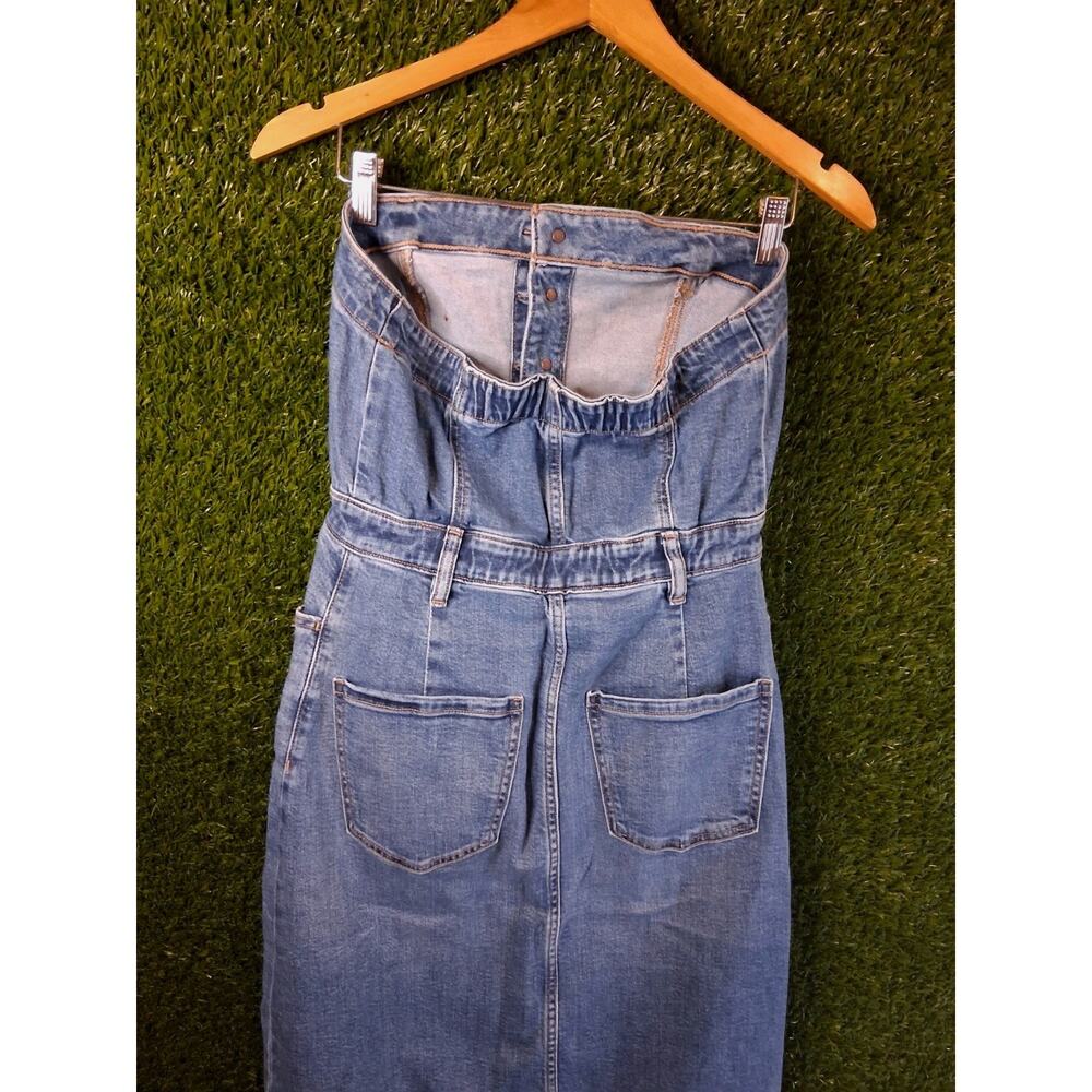 American Eagle Denim Tube Top Midi Dress Size 6 Blue Stretch Button Front Slit - Picture 5 of 11